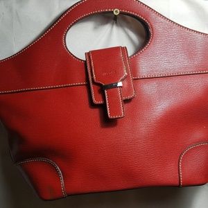 Red leather handbag